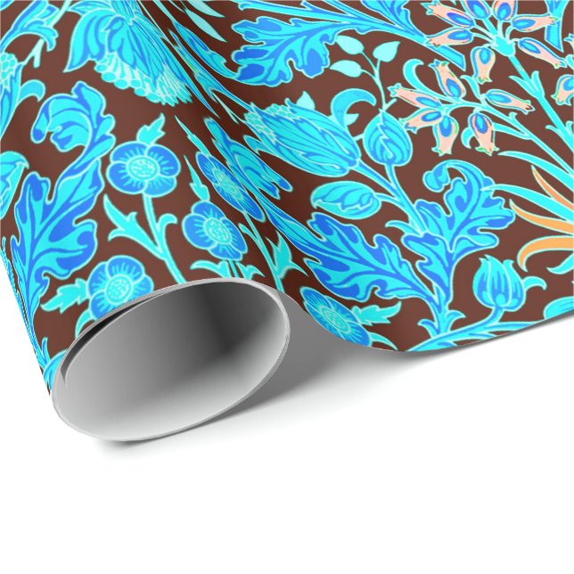 William Morris Hyacinth Print, Aqua and Brown Wrapping Paper (Roll Corner)