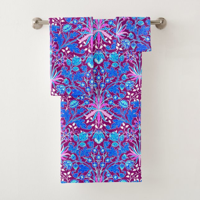 William Morris Hyacinth Print, Aqua and Purple Bath Towel Set (Insitu)