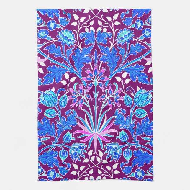 William Morris Hyacinth Print, Aqua and Purple Tea Towel (Vertical)