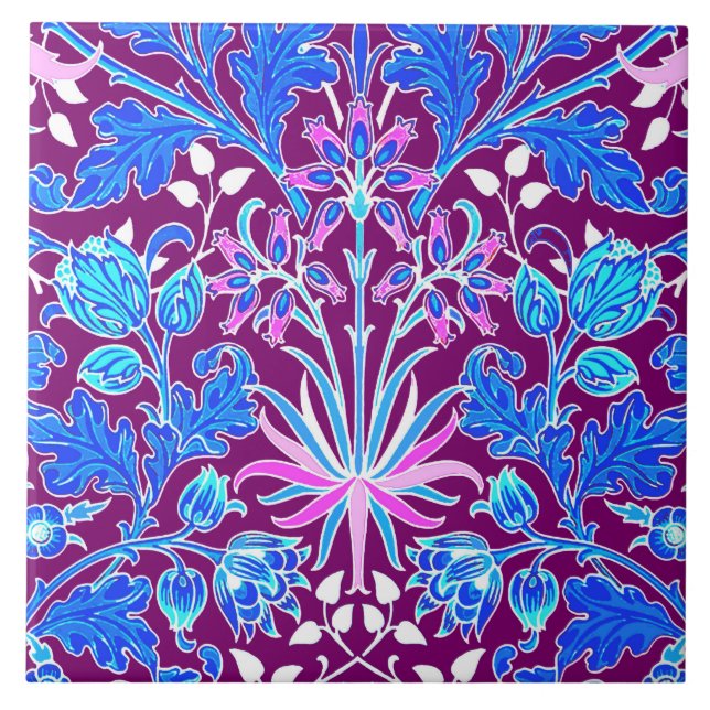 William Morris Hyacinth Print, Aqua and Purple Tile (Front)