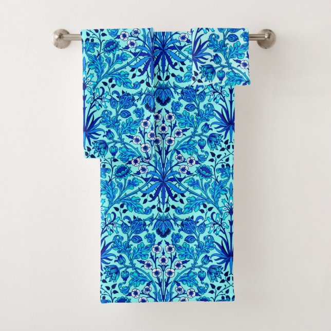 William Morris Hyacinth Print, Aqua and Turquoise  Bath Towel Set (Insitu)