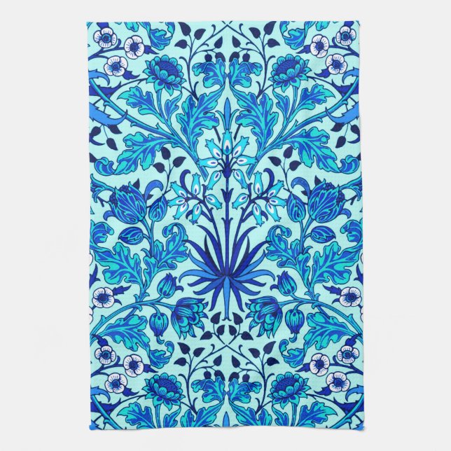 William Morris Hyacinth Print, Aqua and Turquoise  Tea Towel (Vertical)