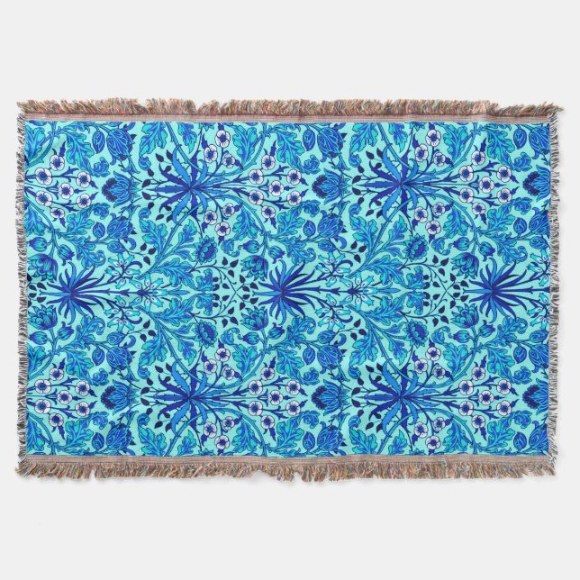 William Morris Hyacinth Print, Aqua and Turquoise Throw Blanket (Front)