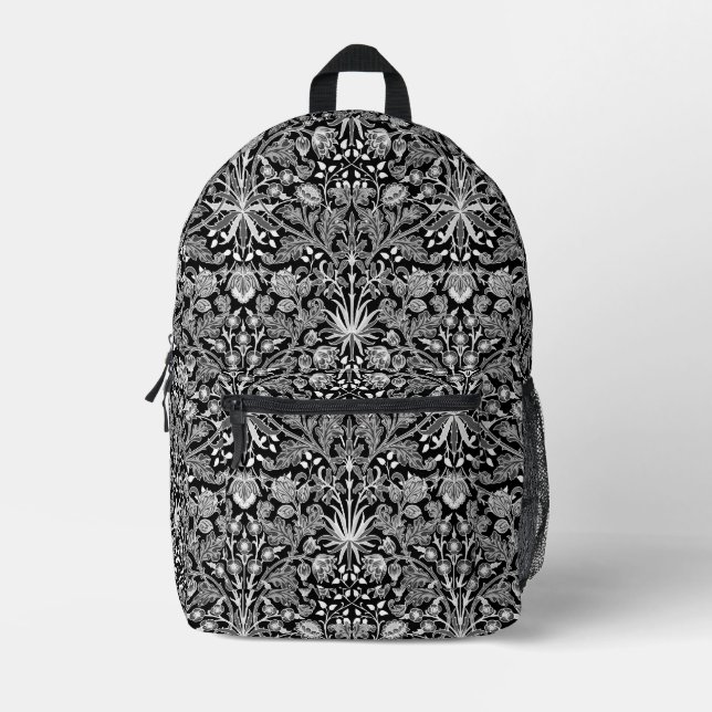 William Morris Hyacinth Print, Black and White Printed Backpack (Front)
