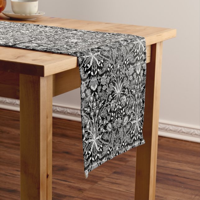 William Morris Hyacinth Print, Black and White Short Table Runner (In Situ)
