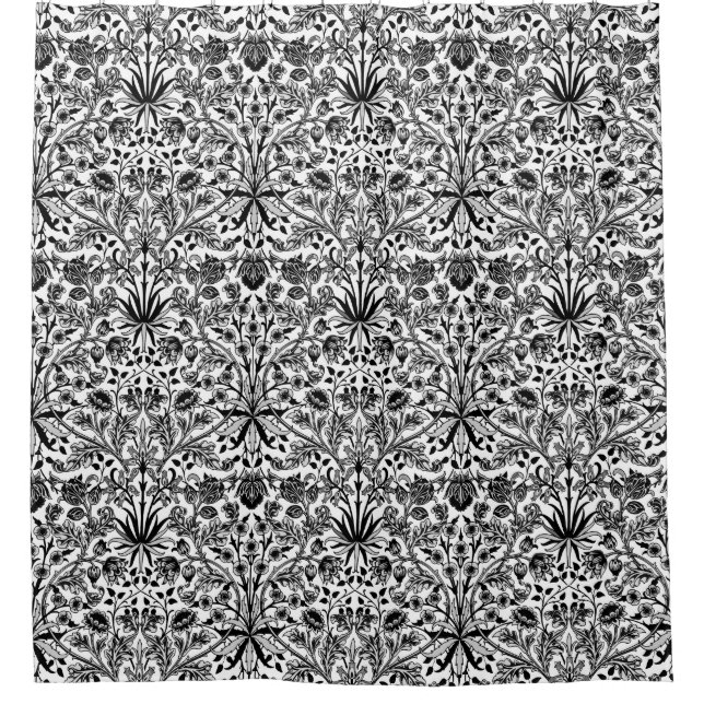 William Morris Hyacinth Print, Black, White & Grey Shower Curtain (Front)