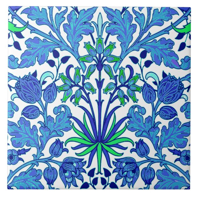 William Morris Hyacinth Print, Cerulean Blue Ceramic Tile (Front)