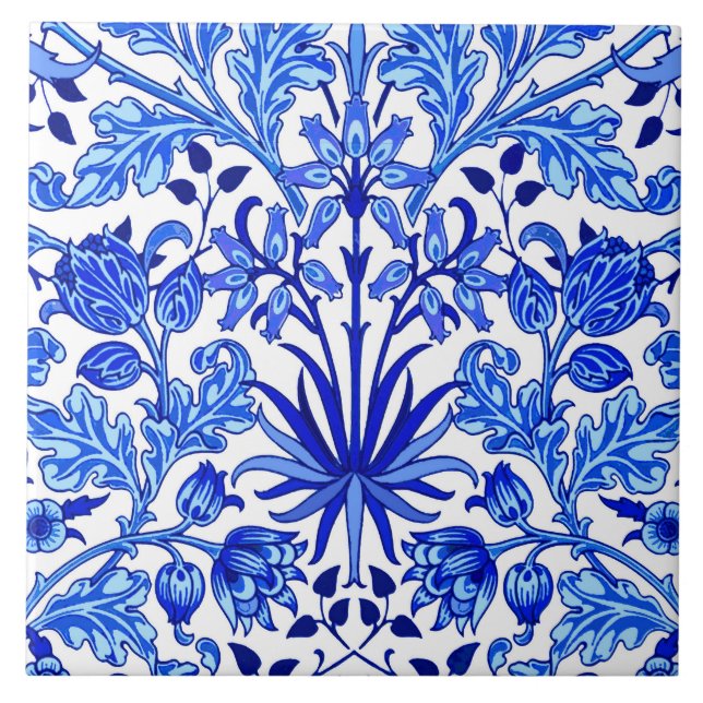 William Morris Hyacinth Print, Cobalt Blue & White Ceramic Tile (Front)