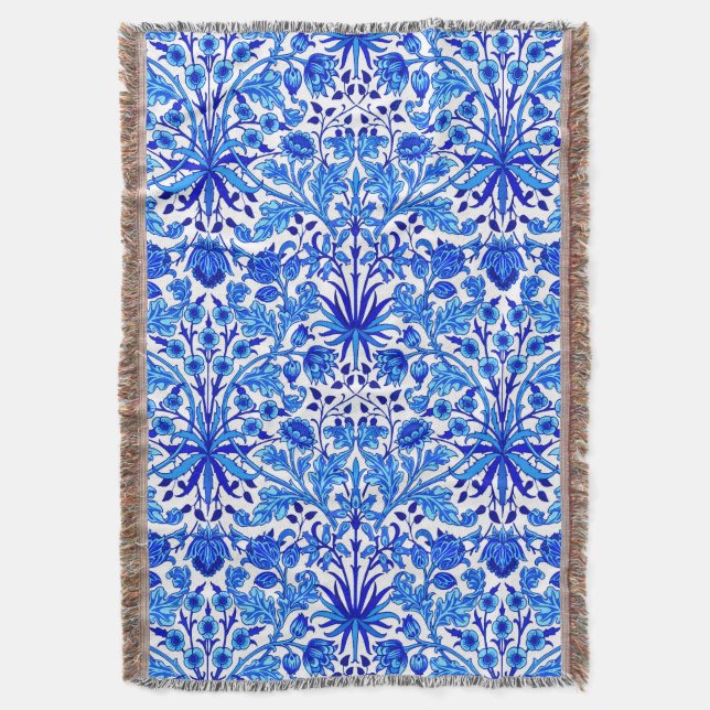 William Morris Hyacinth Print, Cobalt Blue & White Throw Blanket (Front Vertical)