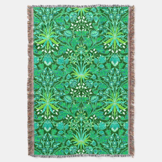 William Morris Hyacinth Print, Emerald Green Throw Blanket (Front Vertical)