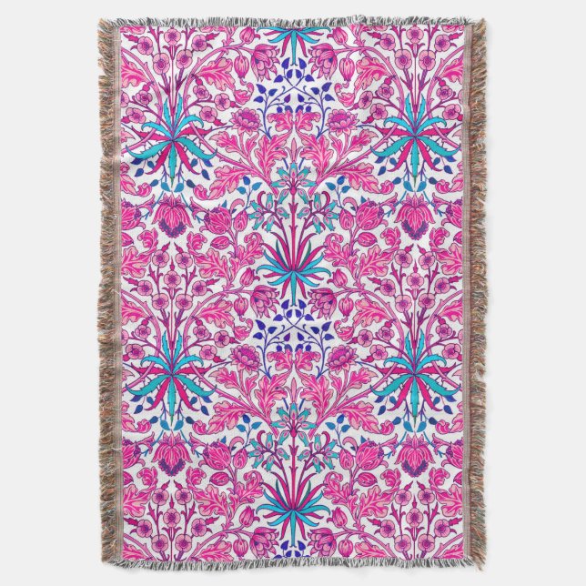 William Morris Hyacinth Print, Fuchsia Pink Throw Blanket (Front Vertical)