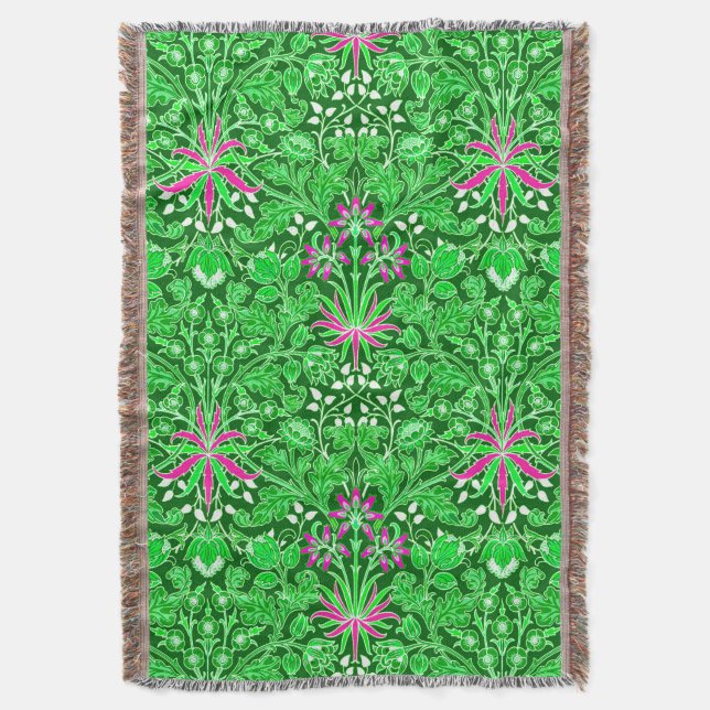 William Morris Hyacinth Print Lime & Emerald Green Throw Blanket (Front Vertical)