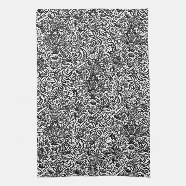 William Morris Indian, Black and White  Tea Towel (Vertical)