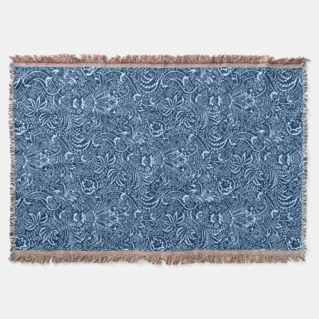 William Morris Indian, Dark Indigo and Sky Blue Throw Blanket (Front)