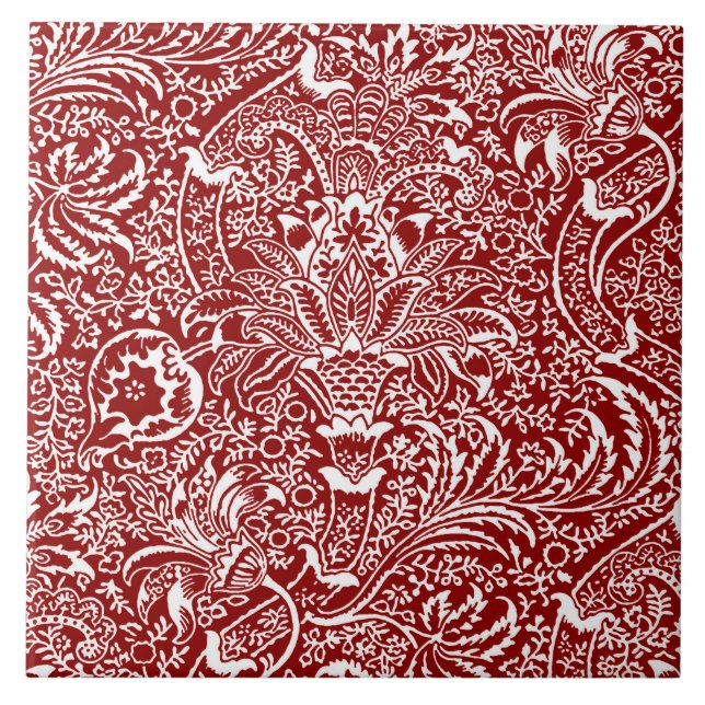 William Morris Indian, Dark Red and White  Ceramic Tile (Front)