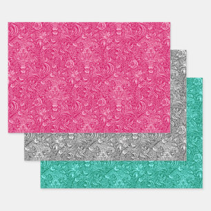 William Morris Indian, Fuchsia Pink, Grey, Aqua Wrapping Paper Sheet