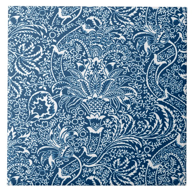 William Morris Indian, Indigo Blue and White  Ceramic Tile (Front)
