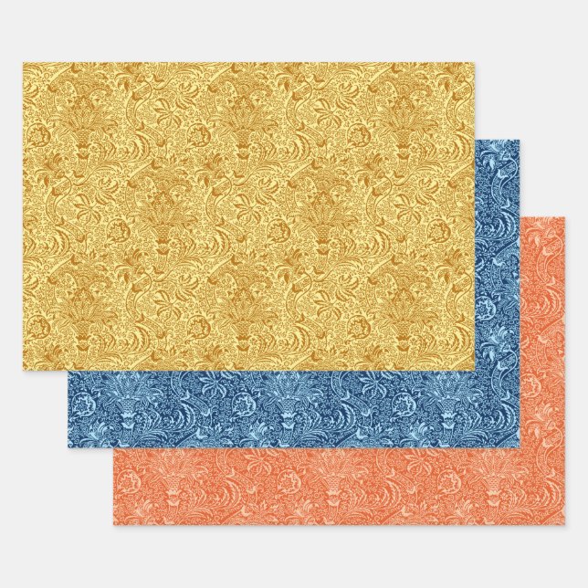 William Morris Indian, Mustard, Blue, Orange  Wrapping Paper Sheet (Set)