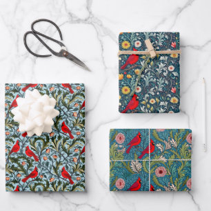William Morris Inspired Cardinals, Vines & Flowers Wrapping Paper Sheet