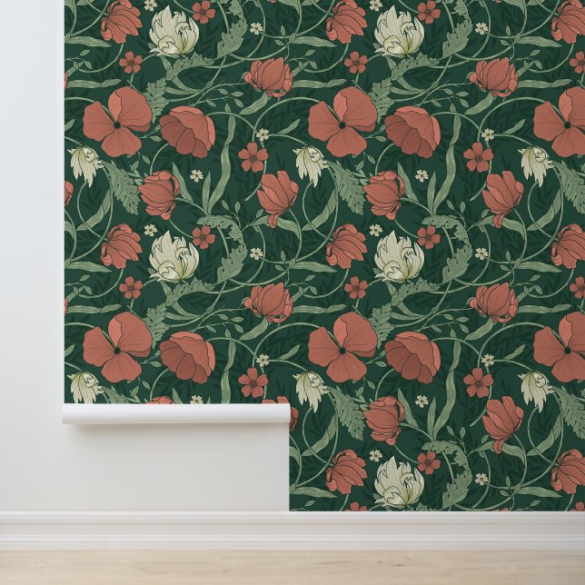 William Morris Inspired Green Red Botanical Floral Wallpaper (Application)
