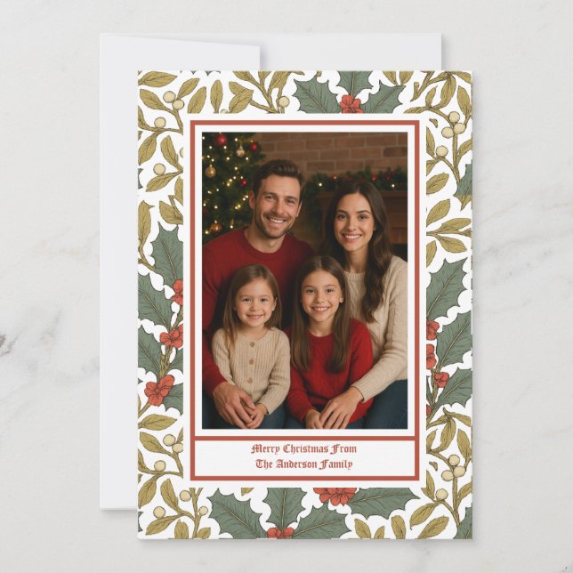 William Morris Inspired Holly & Mistletoe Photo Holiday Card (Front)