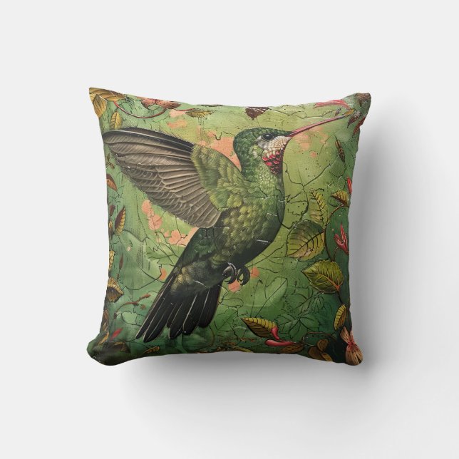  William Morris Inspired Hummingbird Throw Pillow (Front)