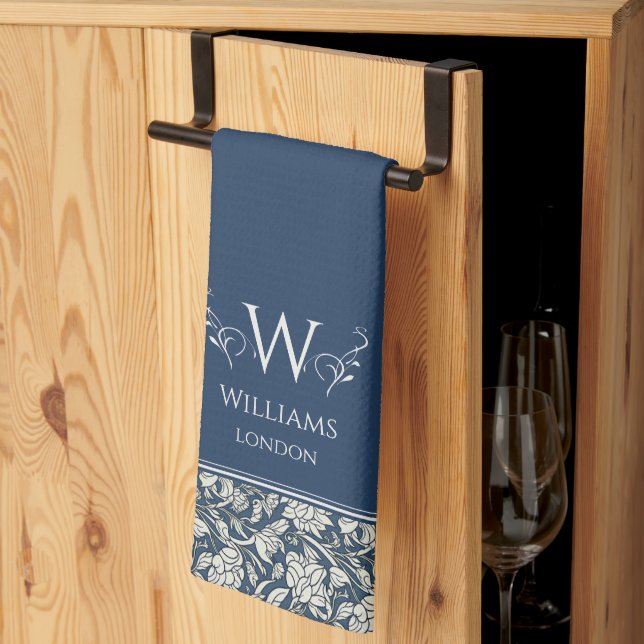 William Morris Inspired Navy Blue Floral Custom Tea Towel (Thirds Fold)
