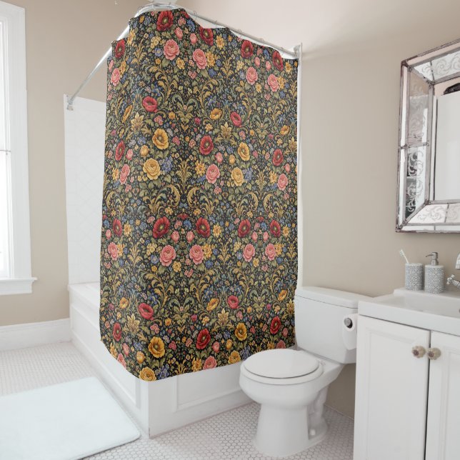 William Morris Inspired Pattern Colorful Flowers Shower Curtain (In Situ)
