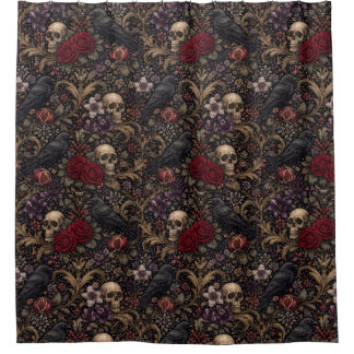 William Morris Inspired Pattern Gothic Skulls Shower Curtain
