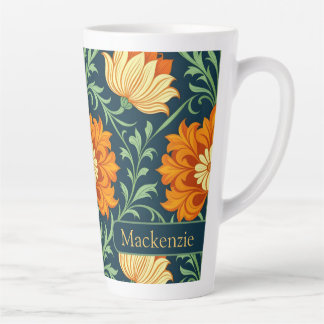 William Morris Inspired Pattern Orange Flower Latte Mug