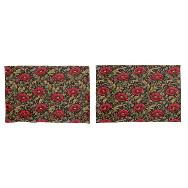 William Morris Inspired Pattern Red Poppy Pillowcase (Front-Set)