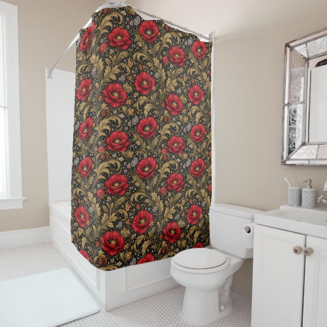 William Morris Inspired Pattern Red Poppy Shower Curtain (In Situ)