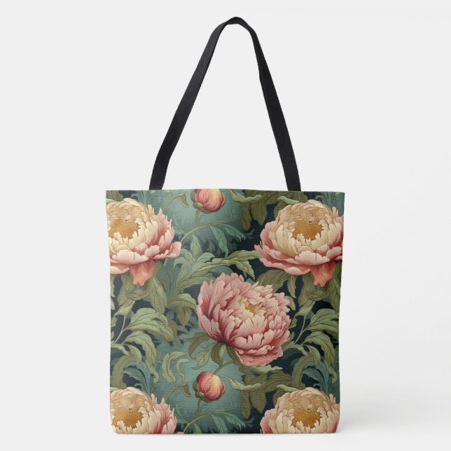 William Morris-Inspired Peony Floral Patterned Tote Bag (Front)