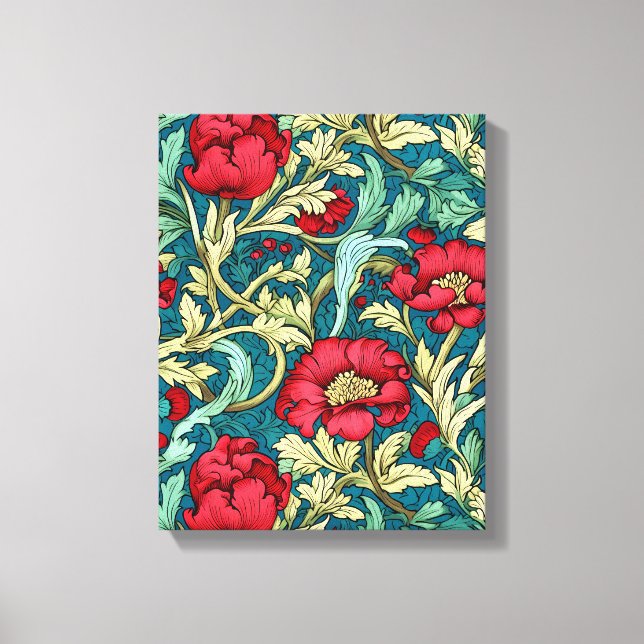 William Morris Inspired Red Flowers Pattern Canvas Print (Front)