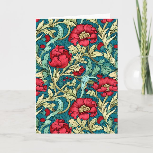 William Morris Inspired Red Flowers Pattern Card (Front)