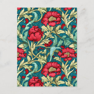 William Morris Inspired Red Flowers Pattern Holiday Postcard