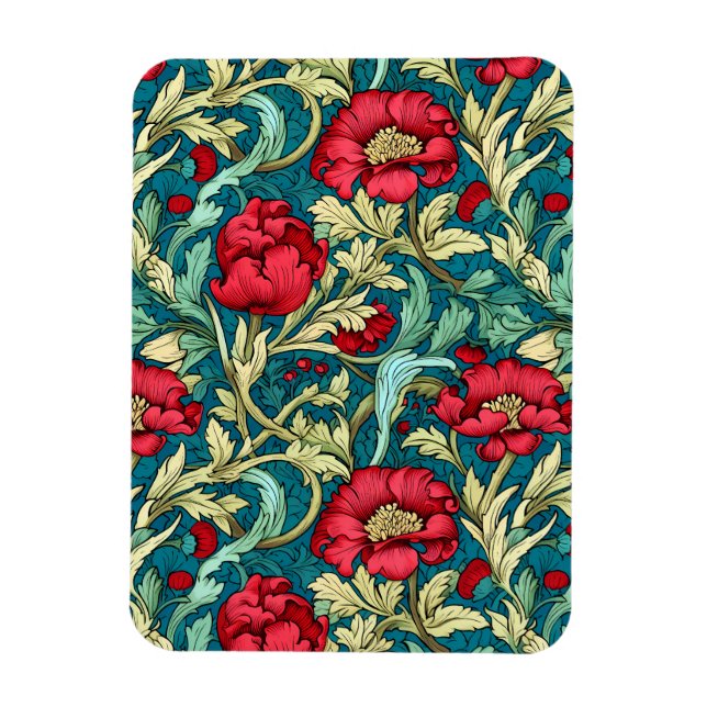 William Morris Inspired Red Flowers Pattern Magnet (Vertical)