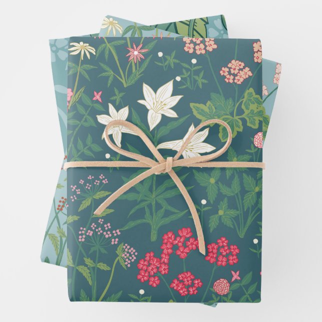 William Morris Inspired Spring Pattern Wrapping Paper Sheet (In situ)