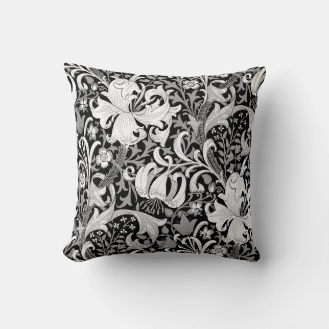 William Morris Iris and Lily, Black and White Cushion (Front)