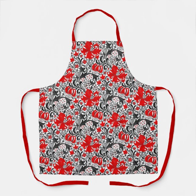 William Morris Iris and Lily, Black, White and Red Apron (Front)