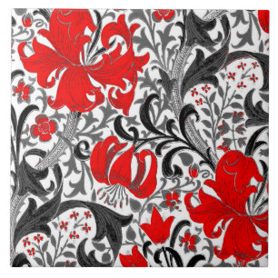 William Morris Iris and Lily, Black, White and Red Ceramic Tile