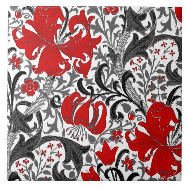 William Morris Iris and Lily, Black, White and Red Ceramic Tile (Front)