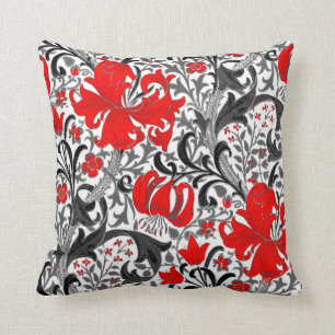 William Morris Iris and Lily, Black, White and Red Cushion