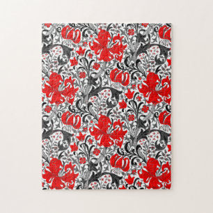 William Morris Iris and Lily, Black, White and Red Jigsaw Puzzle