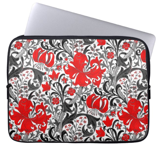 William Morris Iris and Lily, Black, White and Red Laptop Sleeve (Front)