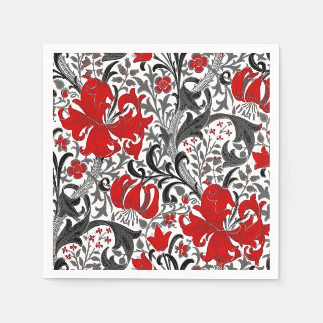 William Morris Iris and Lily, Black, White and Red Napkin (Front)