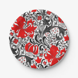 William Morris Iris and Lily, Black, White and Red Paper Plate
