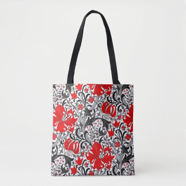 William Morris Iris and Lily, Black, White and Red Tote Bag (Front)