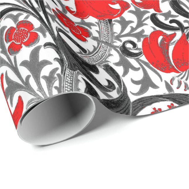 William Morris Iris and Lily, Black, White and Red Wrapping Paper (Roll Corner)