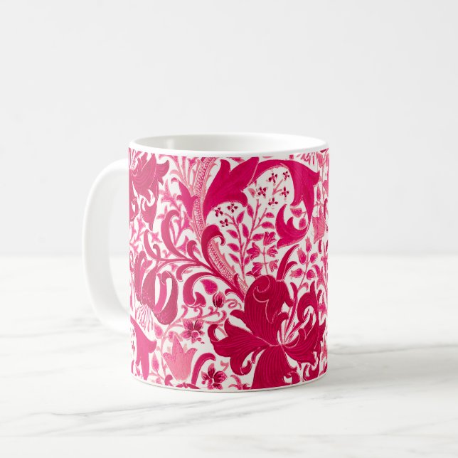 William Morris Iris and Lily, Fuchsia Pink Coffee Mug (Front Left)